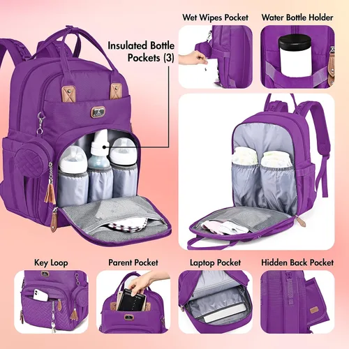 Miniatura 4 de Dikaslon Mochila para pañales con cambiador portátil, funda para chupete y correas para cochecito, bolsas de bebé unisex grandes para niños y niñas