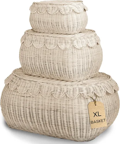 Miniatura 10 de BEBE BASK Juego de 3 cestas festoneadas grandes, tejidas a mano y galardonadas, tamaño XL, para mantas de 22 x 16 x 10 pulgadas, elegante mimbre