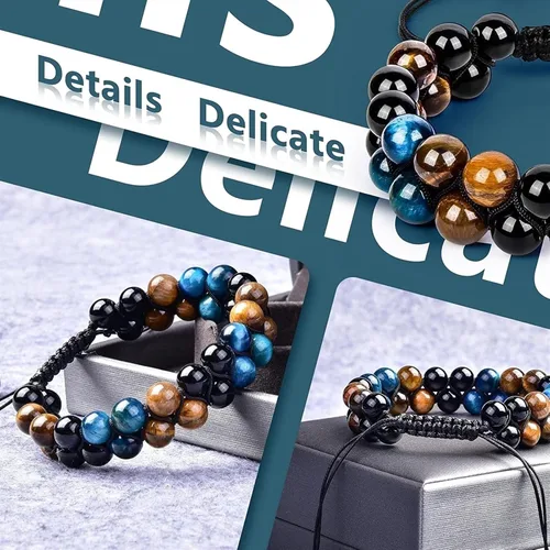 Miniatura 5 de Triple Protection Bracelet, 8mm 10mm Natural Stone Beads Obsidian Tiger Eye Hematite, Double Layer Hand Healing Crystal Stretch Bracelet,Protection