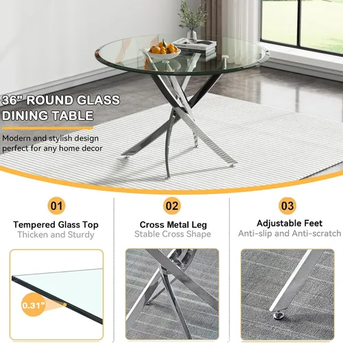 Miniatura 4 de Juego de mesa de comedor redonda de 3 piezas para 2, mesa de cocina moderna de vidrio plateado y sillas para 2 con sillas tapizadas, juego de mesa