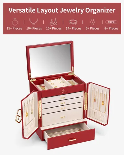Miniatura 3 de Vlando Joyero y organizador, organizador de joyas de piel sintética para mujeres y niñas, 6 capas de espejo, caja de almacenamiento con 5 aretes