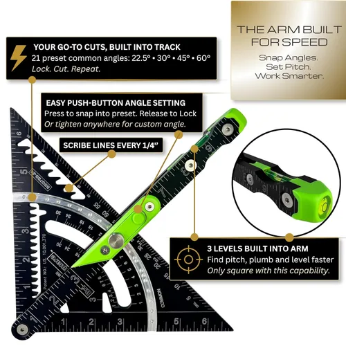 Miniatura 2 de Britton Square 7"-Negro/Verde Escuadra de Aluminio para Vigas - Escuadra de Vigas con Nivel, Innovadoras Herramientas de Carpintería y Estructuración