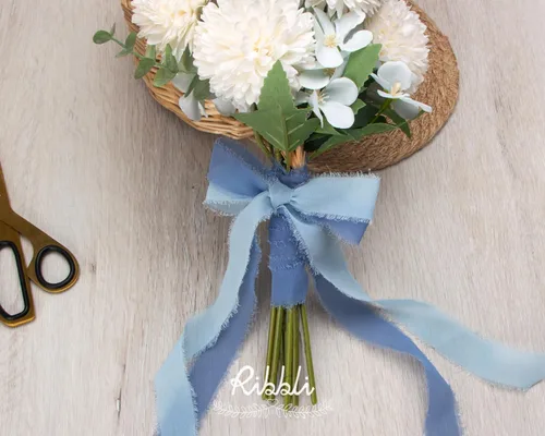 Miniatura 4 de Ribbli Cinta de gasa azul bebé de 1 pulgada x 20 yardas hecha a mano con flecos de seda, cinta azul para envolver regalos, invitaciones de boda