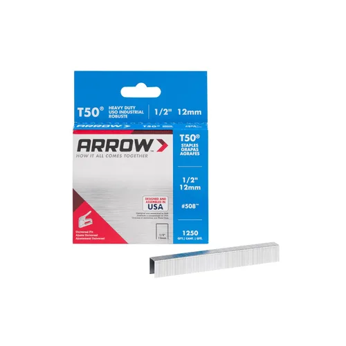 Arrow 508 Heavy Duty T50 Longitud de pierna de 1/2 pulgada, corona de 3/8 pulgadas, grapas para tapicería, construcción, muebles, manualidades, 1250