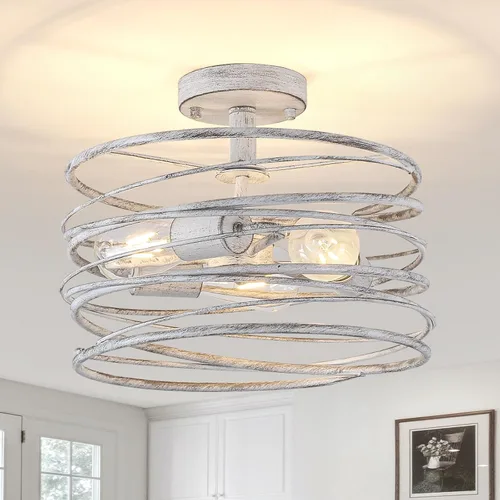 Miniatura 11 de Lámpara de techo de 3 luces rústica en forma de tambor, lámpara colgante semiempotrada negra, candelabros de granja retro de metal tipo jaula