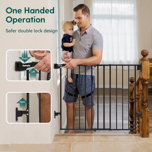 Miniatura 4 de Babelio Puerta de bebé para escaleras, cocina y puertas, sin barra inferior, operación con una sola mano, cierre automático, montaje de hardware
