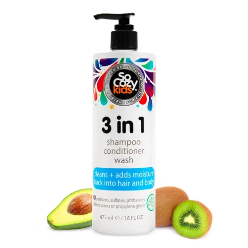 SoCozy - Champú 3 en 1 para niños + acondicionador + gel de baño (16 onzas líquidas) limpiador suave e hidratante para cabello y cuerpo con