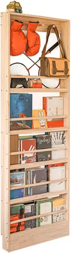 Estantería de madera para niños, estante de montaje en pared con ganchos, organizador para juguetes y libros, ahorro de espacio | con ganchos