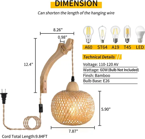 Miniatura 4 de Frideko - Farol de bambú enchufable, apliques de pared de mimbre con cable de enchufe, luz de pared de ratán tejida a mano, apliques de pared