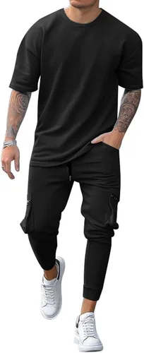 Babioboa Conjunto de 2 piezas de camiseta y pantalones deportivos para hombre, con bolsillo con solapa, pantalones deportivos holgados y lisos,
