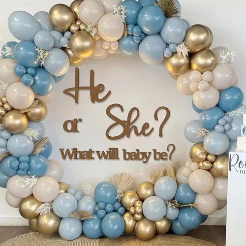 Miniatura 5 de Grandes calcomanías de revelación de género para telón de fondo, señal de baby shower de madera, ¿él o ella? ¿Qué será el bebé? Arco de globos