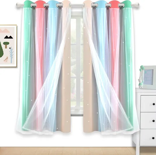 Miniatura 15 de Cortinas opacas con recorte de estrellas y arcoíris para guardería/habitación de niños/niñas, con superposición de tul, 2 paneles, cada una de 52