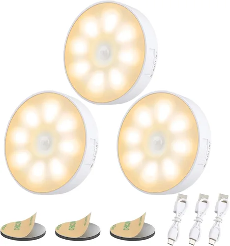 Paquete de 3 luces con sensor de movimiento, 8 LED de luz nocturna recargable, con cable USB y parche magnético, 3 modos, luz de pared segura Blanco