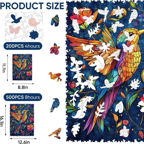 Miniatura 2 de Delobil Rompecabezas de madera para adultos de 200 piezas, rompecabezas de madera de colibrí, rompecabezas de colibrí de forma única, regalos