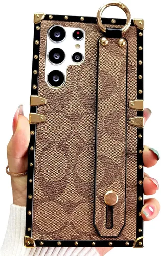Miniatura 8 de Funda Rectangular de Cuero de Lujo para Teléfono Diseñada para Samsung Galaxy S23 Ultra Funda Linda con Correa de Muñeca Anti Caídas Protectora