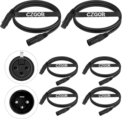 Miniatura 7 de Cable DMX de 3.9 pies, paquete de 6 cables flexibles XLR macho a hembra de 3 pines para señal de iluminación de escenario, conexión XLR, cable