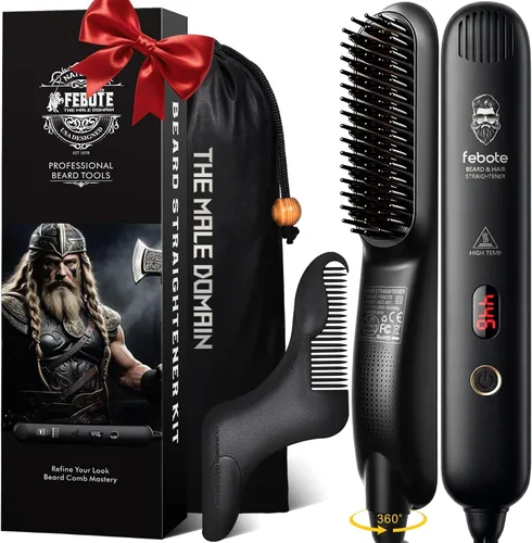 Cepillo iónico calentado para alisar el cabello para hombres, 5 ajustes de temperatura, antiquemaduras, moldeador de barba y bolsa de viaje Negro