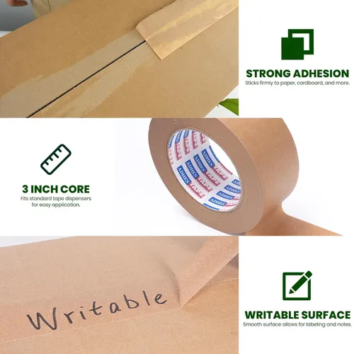 Miniatura 3 de ADHES - Cinta de papel kraft con dispensador, 2 pulgadas x 55 yardas x 3 rollos - Cinta de embalaje marrón ecológica, adhesivo fuerte, dispensador