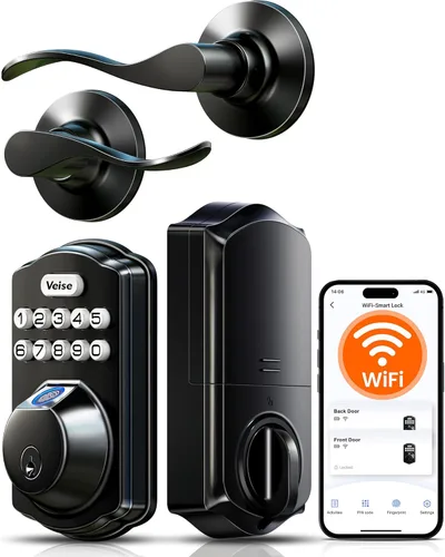 Veise VE012W-B Cerradura inteligente de huellas dactilares Wi-Fi con juego de manija, control remoto de aplicación, palanca de puerta delantera de