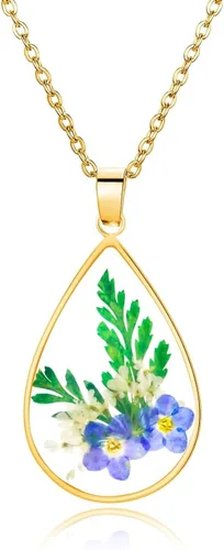 Miniatura 50 de Collar de flores silvestres prensadas con encaje de Forget-Me-Not y Queen Anne Collar de flores prensadas de oro Collares hechos a mano