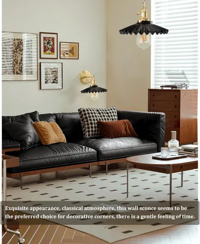 Miniatura 8 de Shenmoyl - Aplique de pared vintage con pantalla de lámpara plisada de cerámica negra, apliques de latón ajustables a 180 grados, lámpara de pared