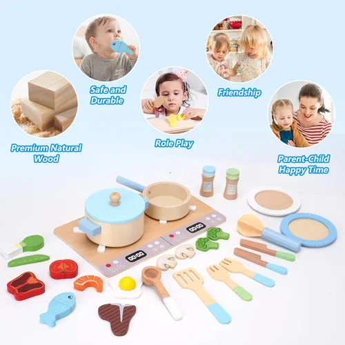 Miniatura 3 de Accesorios de cocina de juguete, juego de cocina de madera, juego de cocina de simulación para niños, incluye estufa, ollas y sartenes de cocina