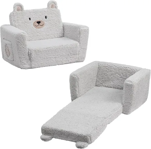 Miniatura 10 de ALIMORDEN Sofá plegable para niños pequeños, cómoda silla de oso sherpa 2 en 1 para niños, sofá convertible a tumbona, acogedor sofá esquinero