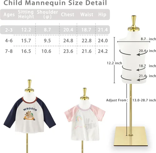 Miniatura 2 de Maniquí de forma de vestido para niños, maniquí ajustable para niños con soporte de metal dorado de alta estabilidad para exhibición de ropa, 2-3