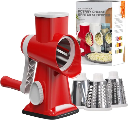 Miniatura 10 de Rallador de queso con 3 cuchillas intercambiables, rallador giratorio de queso, rebanador manual de verduras con base de succión antideslizante