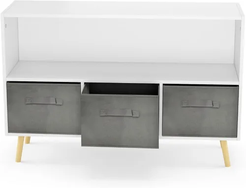 Miniatura 8 de Estantería de 2 estantes con 3 contenedores de almacenamiento de tela, organizador de baúl de almacenamiento con patas de pino, muebles