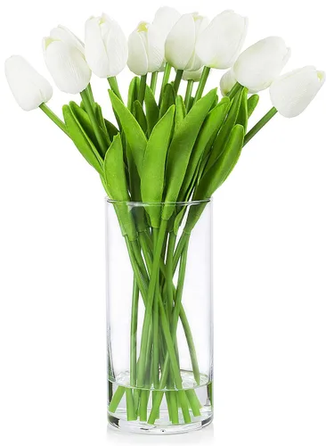 Miniatura 6 de Arreglo floral de tulipanes artificiales de tacto real en jarrón de vidrio transparente con agua sintética para decoración del hogar y boda (rosa)