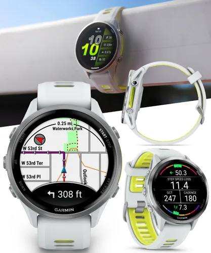 Miniatura 2 de Garmin Forerunner 955, reloj inteligente para correr con GPS, adaptado a triatletas, batería de larga duración, Whitestone con auriculares blancos