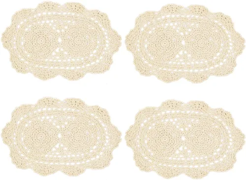 Miniatura 8 de kilofly Manteles individuales de encaje de algodón de ganchillo, 4 unidades, ovalados, beige, 9 x 13 pulgadas