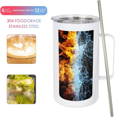 Miniatura 4 de 4 vasos delgados en blanco de sublimación de 24 onzas, tazas blancas con asa y pajita, taza recta de viaje de acero inoxidable de doble pared