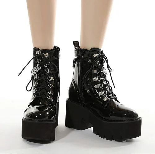 Miniatura 4 de rui yue Botas de plataforma para mujer, punta redonda, botas de tobillo gruesas, botas punk, con cordones y cremallera, botas de combate