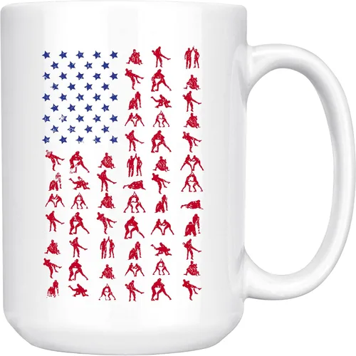 Miniatura 3 de Taza de café con la bandera estadounidense de lucha libre, taza de café para luchador, taza de café divertida de 11 onzas, mango negro e