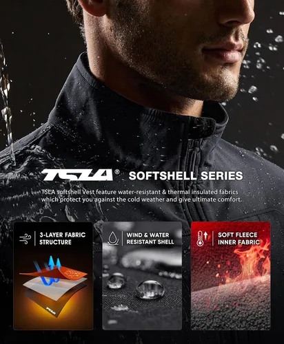 Miniatura 4 de TSLA - Chaleco Softshell sin mangas para hombre, chaleco cortavientos con cremallera completa, chaleco de senderismo, golf, viajes al aire libre.