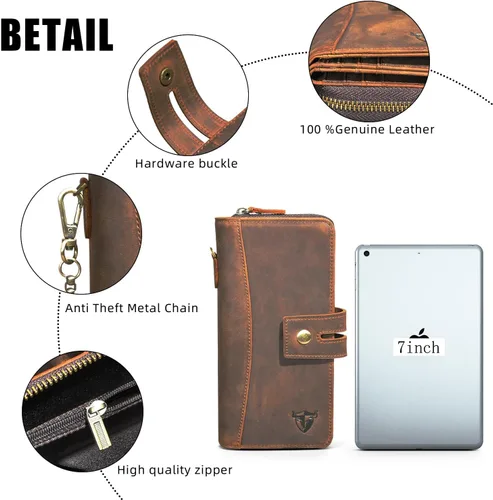 Miniatura 6 de Handadsume Genuino caballo loco cuero viaje regalo moneda bolsillo tarjeta caso largo organizador cadena Rfid monedero con broche para hombres