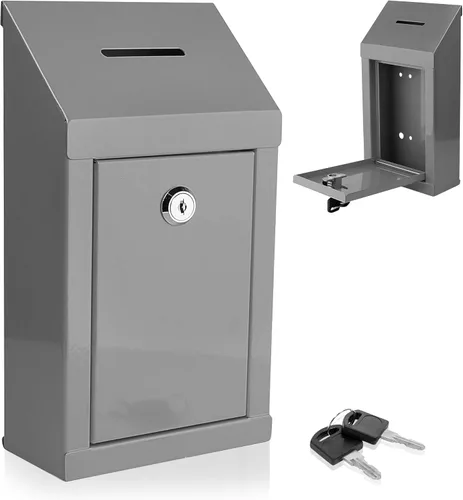 Miniatura 16 de Caja de metal para colección benéfica segura con ranura y montaje en pared, caja de caída de 8.5 x 6.5 x 4 pulgadas para el hogar y la oficina Blanco