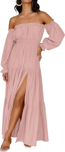Miniatura 49 de ZESICA - Vestido largo, bohemio y sexy, con hombros descubiertos y manga larga fruncida, con elástico fruncido, cintura alta y abertura lateral