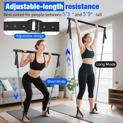 Miniatura 4 de Kit de barra de pilates Bbtops con bandas de resistencia, barra de pilates con bandas apilables, equipo de entrenamiento para piernas, cadera, Negro