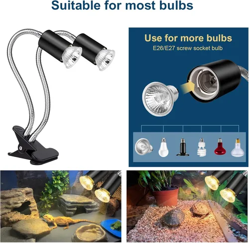 Miniatura 3 de Lámpara de calor para reptiles, temporizador de luz de reptil de doble cabeza, luz de reptil UVA UVB con abrazadera para tortuga, leopardo gecko