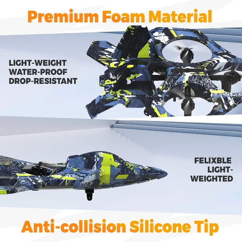 Miniatura 4 de BEZGAR Avión RC, avión de control remoto de espuma, dron para niños, avión RC para niños y niñas, helicóptero avión de combate con luces LED, Azul