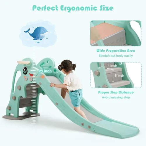 Miniatura 6 de Baby Joy Slide para niños, juego grande para escalador de juegos con pendiente de deslizamiento extralarga, aro de baloncesto y bola, regalo ideal