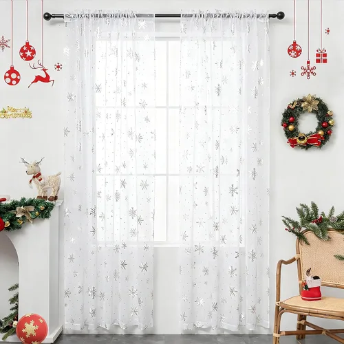 Miniatura 11 de Cortinas traslúcidas de Navidad para sala de estar, cortinas transparentes con estampado de copos de nieve de lujo, cortinas con bolsillo