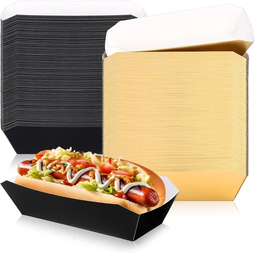 Miniatura 9 de Yeaqee 100 bandejas de papel de 7 pulgadas desechables para perros calientes, alimentos, nachos, botes para perros calientes, platos de comida Negro