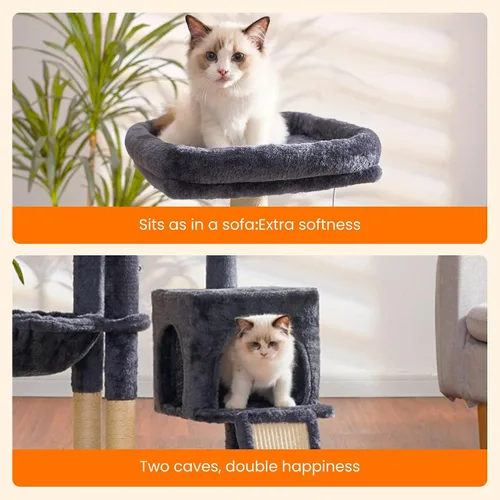 Miniatura 4 de Heybly Árbol de Gato con Cepillo Auto-Limpieza, Torre de Gato para Interior con Nido Acolchado, Casa de Gato con Cesta, Tabla de Rascar y Poste
