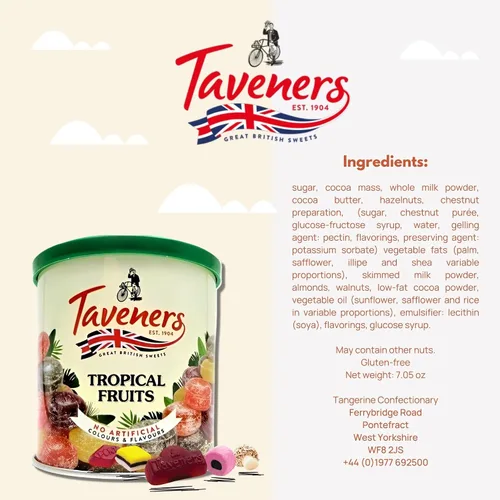 Miniatura 2 de Taveners - Gotas de frutas tropicales, surtido de dulces dulces, dulces duros de frutas tropicales en lata, dulces británicos, dulces tradicionales