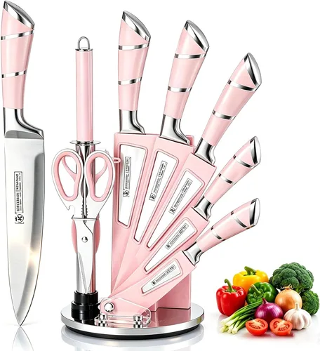 Juego de cuchillos de cocina rosados, 9 piezas, antiadherentes, afilados, de acero inoxidable de alto carbono con bloque acrílico, perfecto para