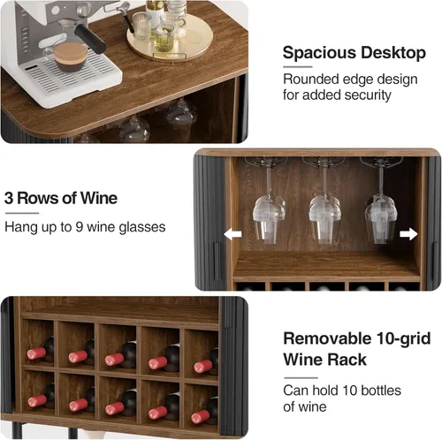 Miniatura 4 de FiveWillowise Gabinete de Bar de Café Negro con Almacenamiento, Gabinete de Licores y Vinos Acanalado con Puertas Corredizas, Portavasos